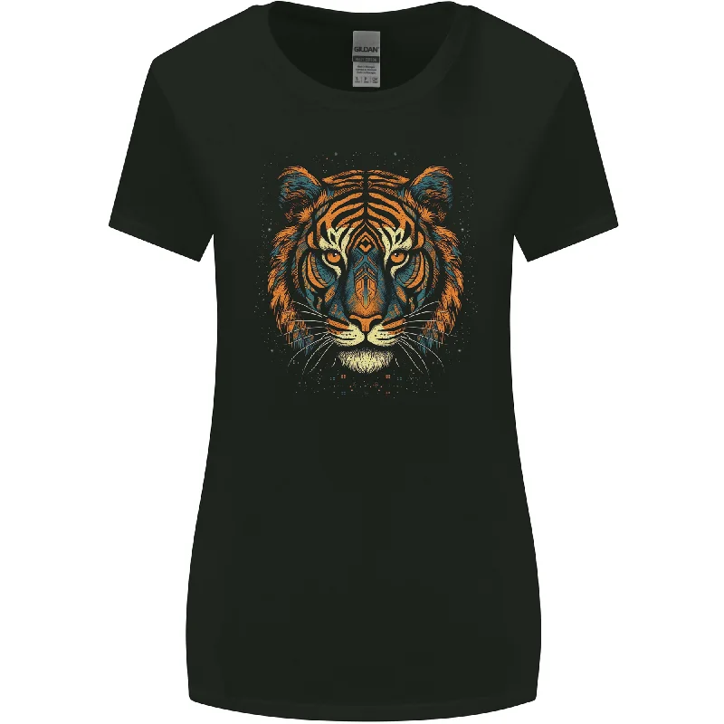 A Tribal Tiger Head Fantasy Womens Wider Cut T-Shirt Ribbed T-Shirt High Neck Heavyweight