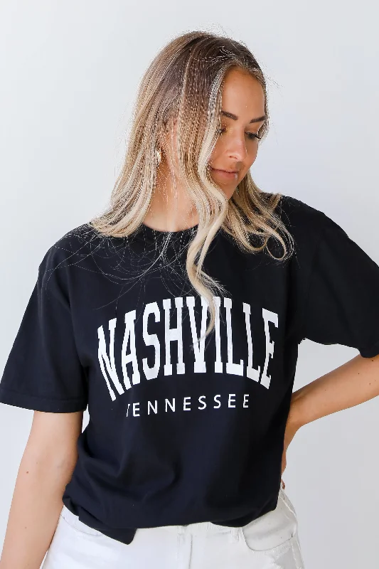 Black Nashville Tee V-Neck T-Shirt Long Sleeve Cotton