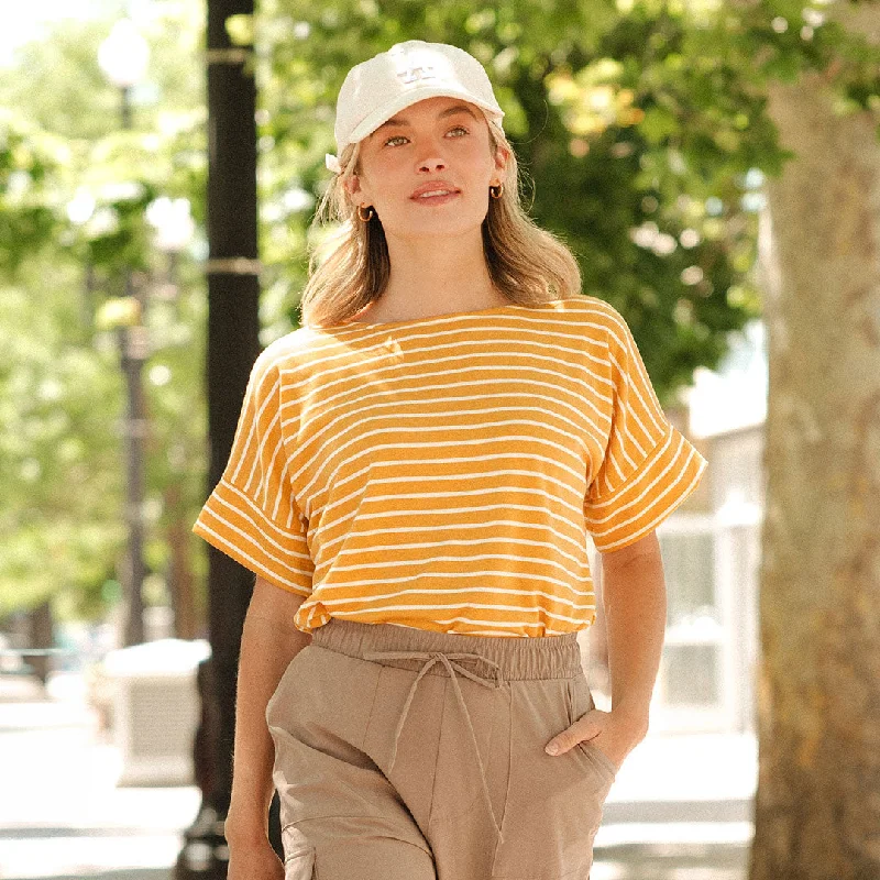 Boss Tee, Mustard/Ivory Notch Collar Peter Pan Collar Cowl Neck