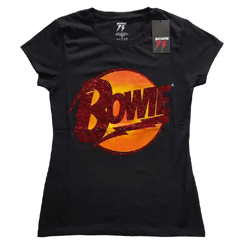 David Bowie Ladies T-Shirt: Diamond Dogs Logo (Diamante) Chenille Blend Fleece Blend Nylon Blend