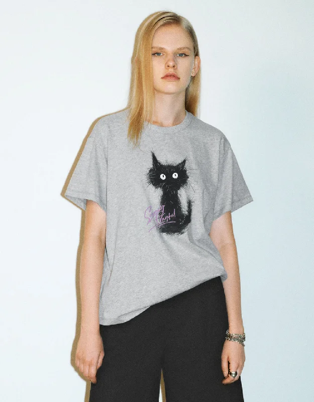 Cat Printed Crew Neck Straight T-Shirt Welt Pockets Slit Pockets