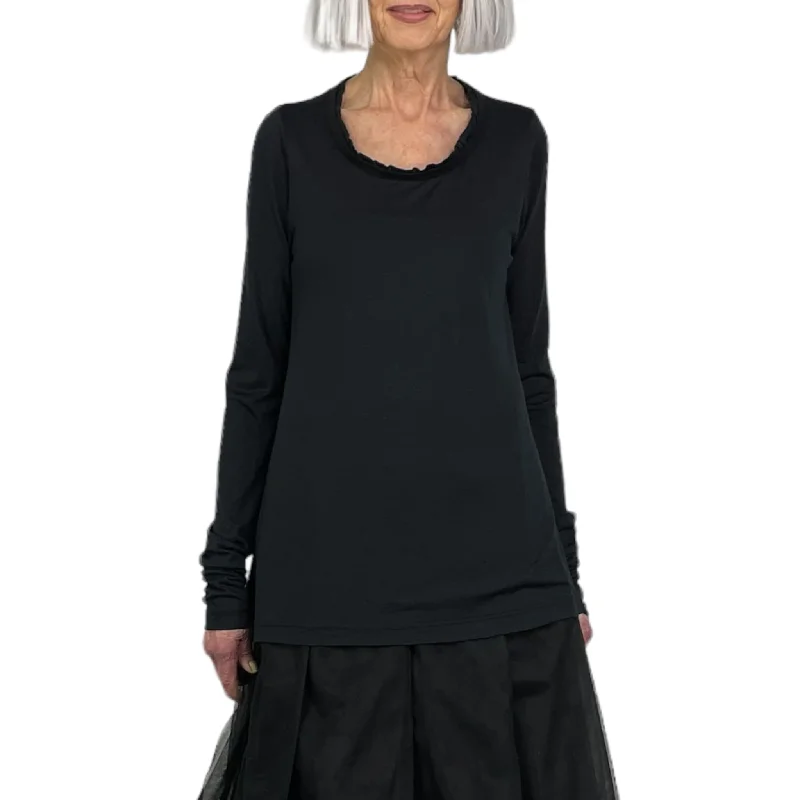 RUFFLE NECK SLIM FIT TEE Silk Blend Satin Velvet