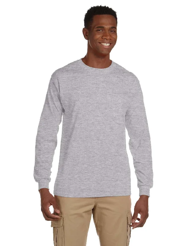 Gildan Ultra Cotton Long Sleeve Pocket T-Shirt | Sport Grey Rayon Fabric Velvet Fabric Corduroy Fabric