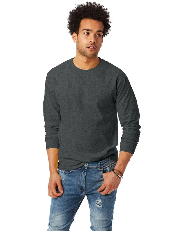 Hanes Tagless ComfortSoft Long Sleeve T-Shirt | Charcoal Heather Houndstooth Herringbone Solid