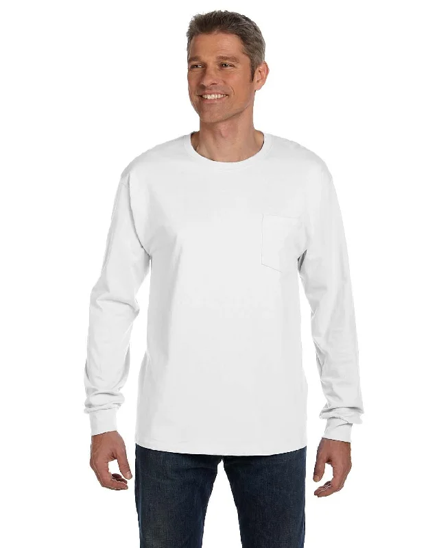 Hanes Tagless Long Sleeve Pocket T-Shirt | White Iron Safe Non-Iron Wrinkle Free