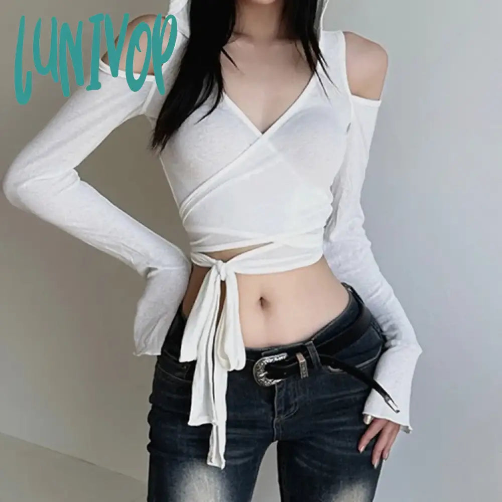 Lunivop 2024 Autumn Cross V-neck T-shirts Slim Fit Lace Up Hoodie Knitted Tees Y2k E-Girl Long Sleeve Thin Sun Protection Tops Women Fleece Nylon Spandex