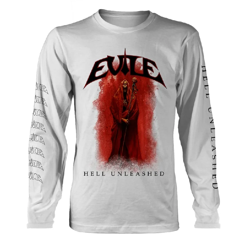 Evile Unisex Long Sleeved T-shirt: Hell Unleashed (White) (back print) Notch Collar Peter Pan Collar Cowl Neck