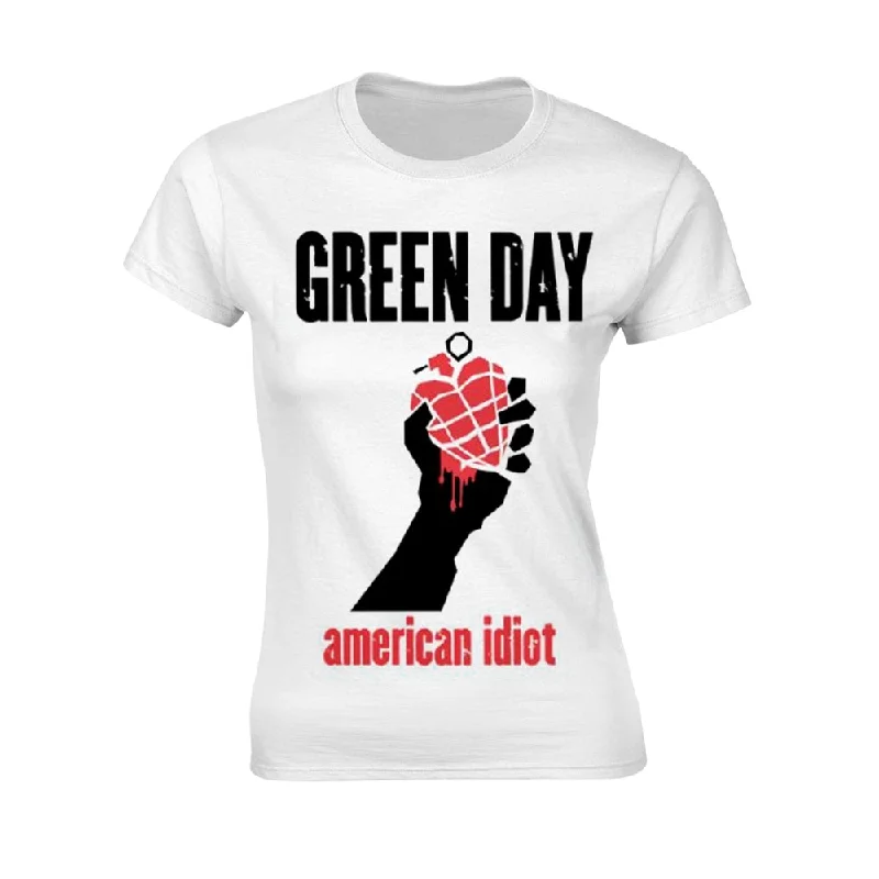 Green Day Ladies Ladies T-shirt: American Idiot Heart (White) (back print) Embroidered Appliqued Beaded