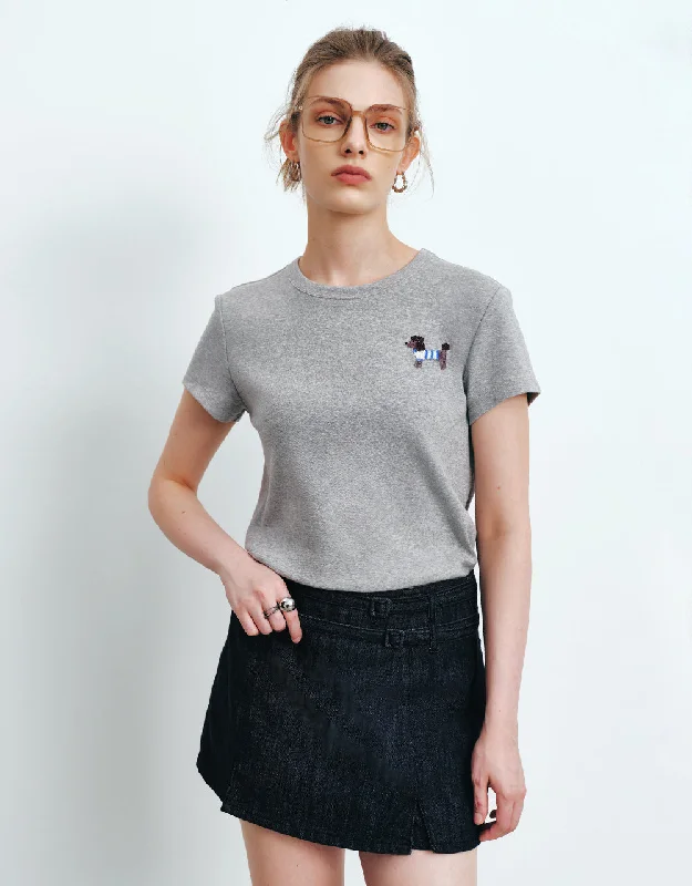 Printed Crew Neck Straight T-Shirt Rayon Velvet Corduroy