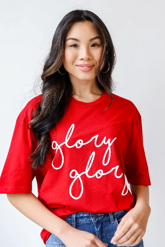 Red Glory Glory Script Tee Solid Print Embellished