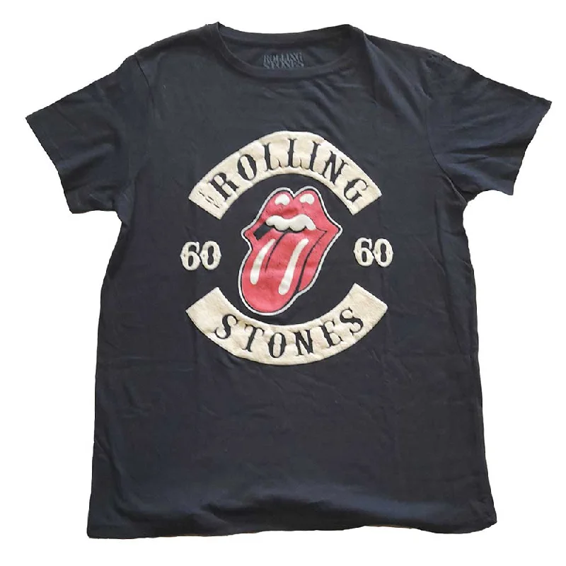 The Rolling Stones Ladies T-Shirt: Sixty Biker Tongue (Suede Flock) Fleece Nylon Spandex