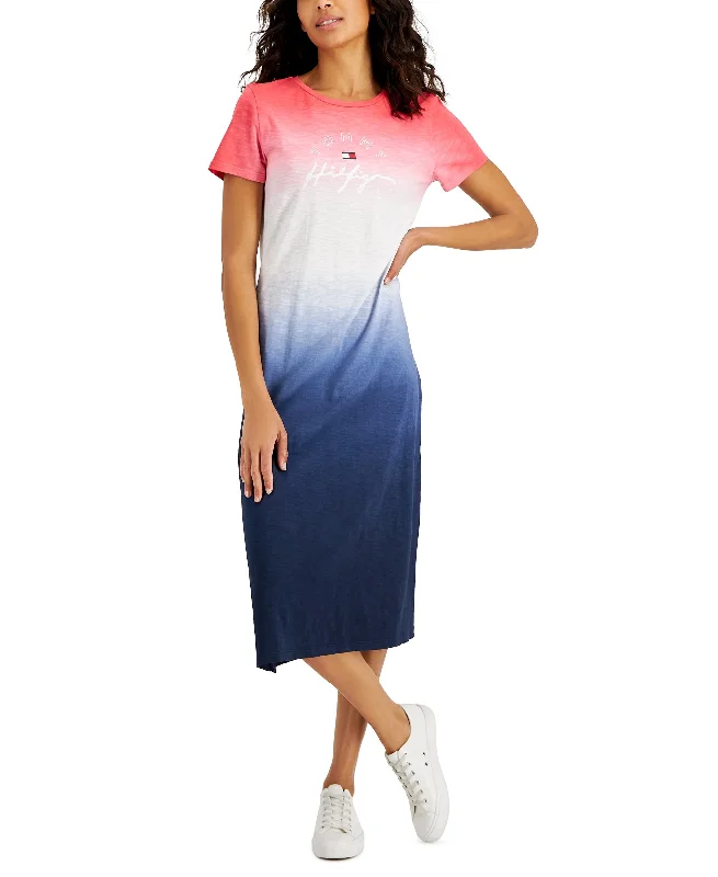 Tommy Hilfiger Womens Cotton Dip Dyed Midi T-Shirt Dress Layered Multi-layer Single Layer