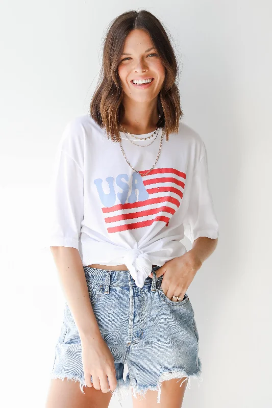 FINAL SALE - USA Flag Graphic Tee Collared T-Shirt Boat Neck A-Line