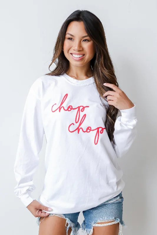 White Chop Chop Long Sleeve Tee Graphic T-Shirt Round Neck Polyester