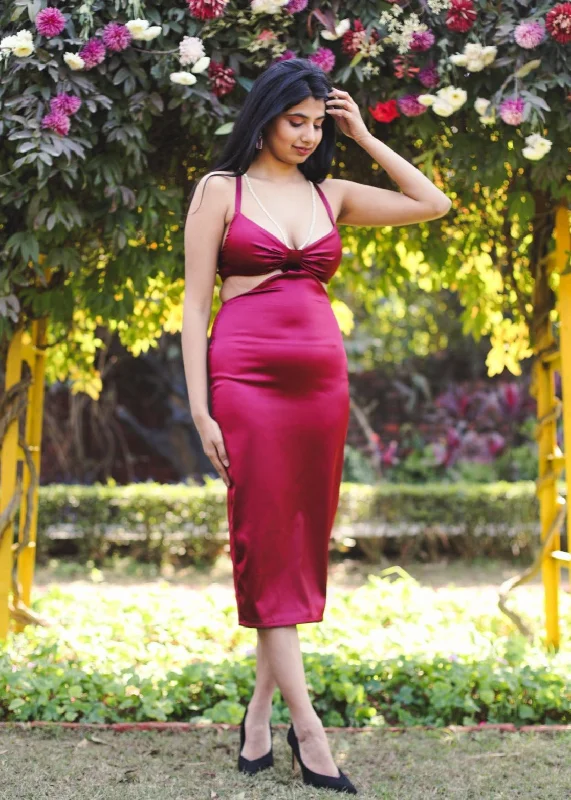 Andromeda Burgundy Satin Cutout Midi Dress Fashionable Fitted Midi Dress