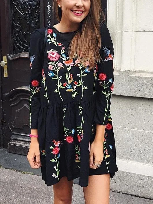 Black Loose Floral Embroidered Long Sleeve Round Neck Mini Dress Stylish Puff Sleeve Mini Dress