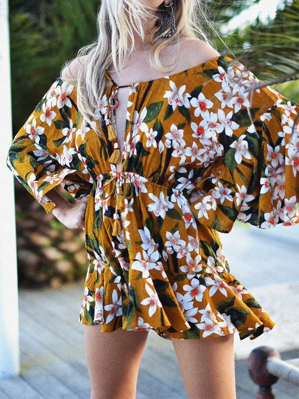 Bohemia Floral Print Off Shoulder Lace up Mini Dress Elegant Floral-Print Mini Dress