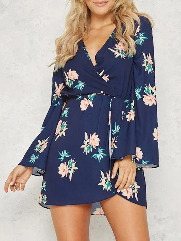 Floral Print V-neck Split Sleeves Mini Dress Comfortable Linen Mini Dress