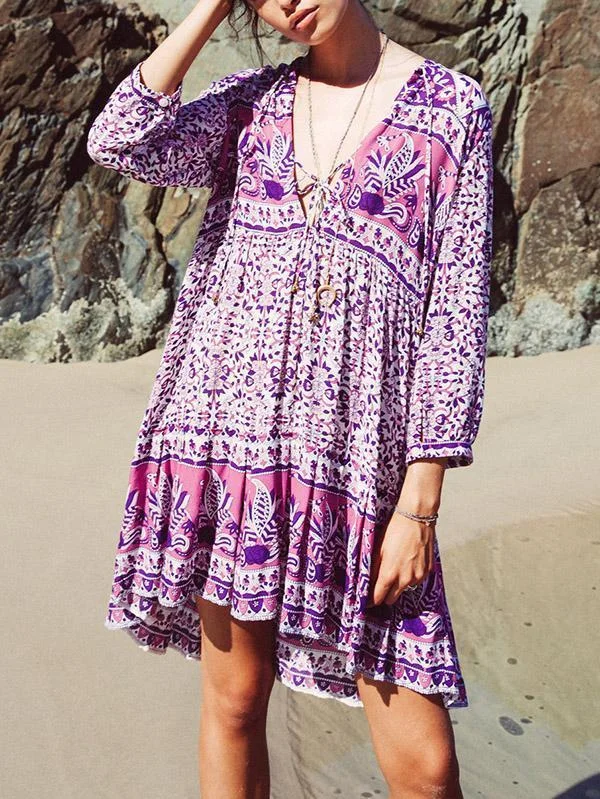 Floral Printed V-neck Bohemia Mini Dress Cozy Ruched Mini Dress