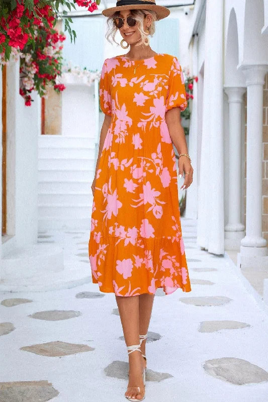 Floral Puff Sleeve Ruffle Hem Round Neck Midi Dress Fashionable High-Neck Midi Dress Floral Puff Sleeve Ruffle Hem Round Neck Midi Dress Fashionable High-Neck Midi Dress