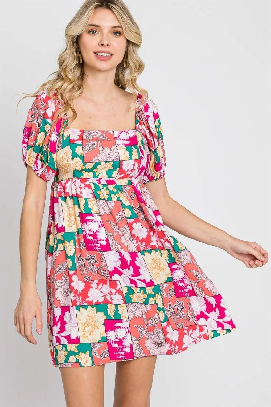 Floral Ruff Sleeve Mini Dress Elegant Satin Lace Mini Dress