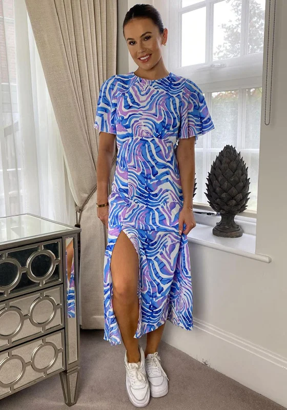 Girl in Mind Britney Angel Sleeve Midi Dress, Blue Multi Trendy Midi Dress with Belt Girl in Mind Britney Angel Sleeve Midi Dress, Blue Multi Trendy Midi Dress with Belt