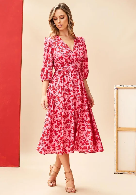 Kate Cooper Floral Banded Waist Midi Dress, Pink & Red Trendy Smocked Detail Midi Dress