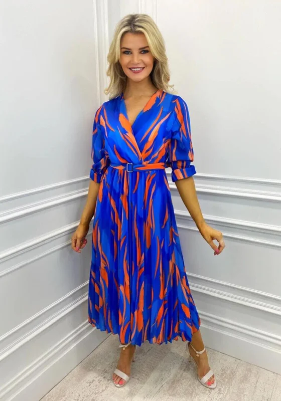 Kate & Pippa Positano Print Midi Dress, Blue & Orange Fashionable Sheer Sleeve Midi Dress Kate & Pippa Positano Print Midi Dress, Blue & Orange Fashionable Sheer Sleeve Midi Dress