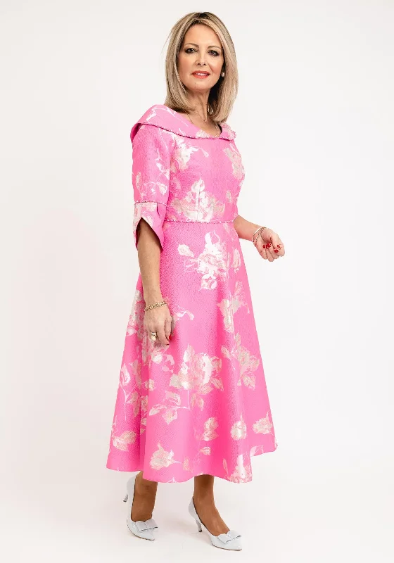 Lizabella Collared Neckline Textured Floral Midi Dress, Hot Pink Trendy Square Neck Midi Dress Lizabella Collared Neckline Textured Floral Midi Dress, Hot Pink Trendy Square Neck Midi Dress