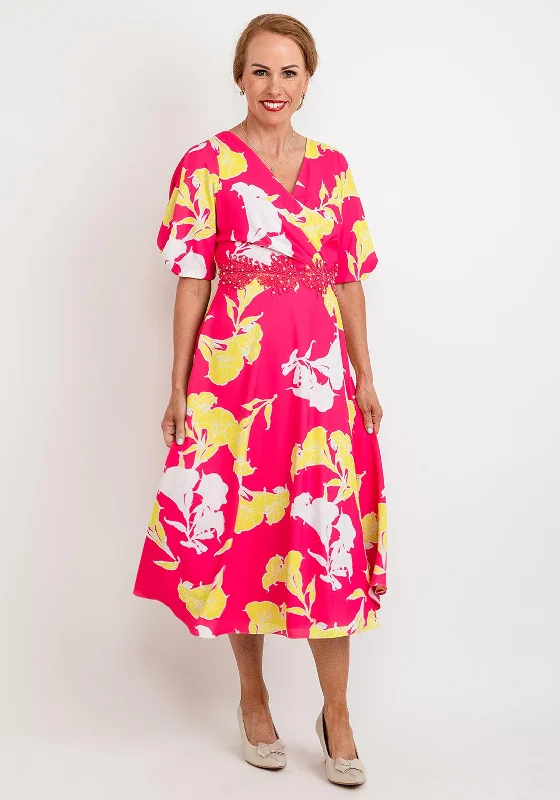 Lizabella Floral Embroidered Waist Midi Dress, Pink & Yellow Elegant Puff Sleeve Midi Dress Lizabella Floral Embroidered Waist Midi Dress, Pink & Yellow Elegant Puff Sleeve Midi Dress