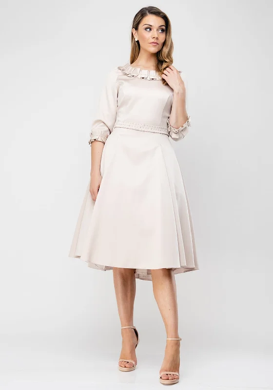 Lizabella Ruffle Trim Satin Flared Midi Dress, Gold Elegant Pleated Detail Midi Dress Lizabella Ruffle Trim Satin Flared Midi Dress, Gold Elegant Pleated Detail Midi Dress