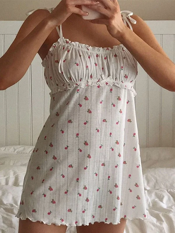 Tie Strap Frill Trim Floral Mini Dress Elegant Satin Mini Dress