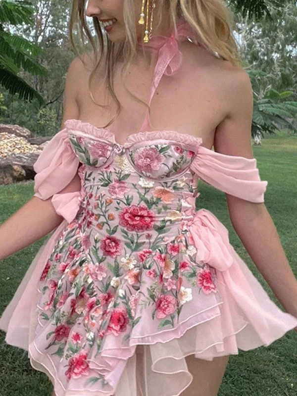 Patchwork Ruffle Bardot Floral Mini Dress Elegant Lace-Up Mini Dress