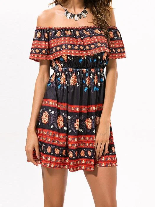 Off shoulder Tribal Floral Summer High Waist Beach Sexy Mini Dress Elegant Lace Mini Dress