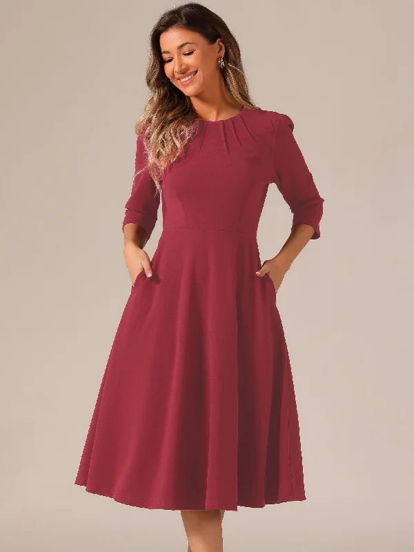 3/4 Sleeve Pleated Round Neck Pocketed A-Line Swing Midi Dress Trendy Shift Midi Dress 3/4 Sleeve Pleated Round Neck Pocketed A-Line Swing Midi Dress Trendy Shift Midi Dress