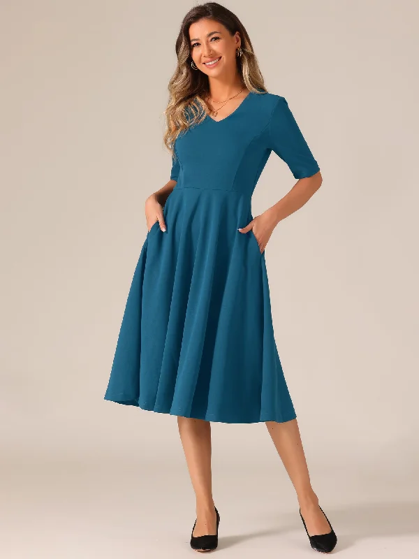 Solid Color V Neck Half Sleeve Pocketed Swing Midi Dress Cozy Ribbed Knit Midi Dress Solid Color V Neck Half Sleeve Pocketed Swing Midi Dress Cozy Ribbed Knit Midi Dress