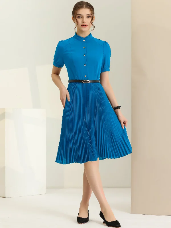 Short Sleeve Ruffle Stand Neck Belted Waist Pleated A Line Midi Dress Fashionable Shift Midi Dress Short Sleeve Ruffle Stand Neck Belted Waist Pleated A Line Midi Dress Fashionable Shift Midi Dress