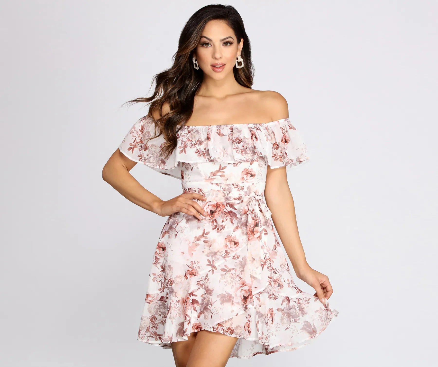Playful Petals Floral Chiffon Off Shoulder Mini Dress Stylish Sweetheart Neck Mini Dress