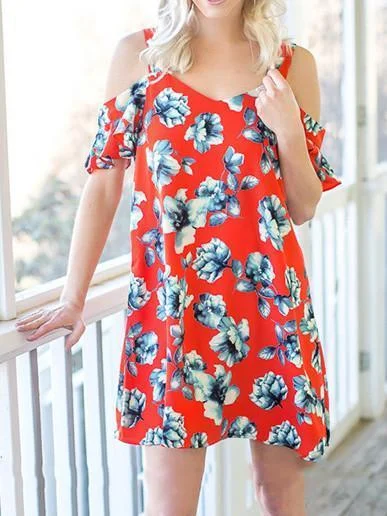 Popular Floral-Print Stripes Off-Shoulder Short Sleeve V Neck Mini Dress Cozy A-Line Mini Dress