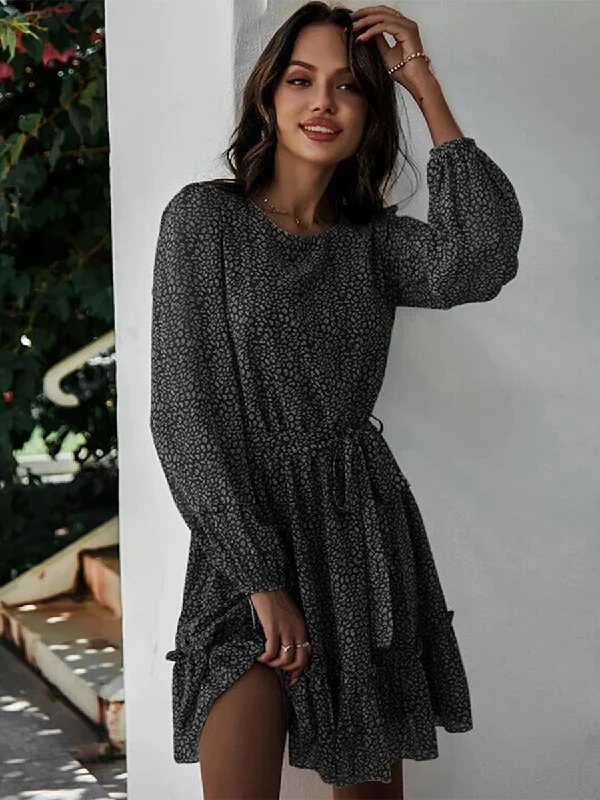 Round Neck Long Sleeve Floral Wrap Tie Waist Mini Dress Classic Striped Mini Dress