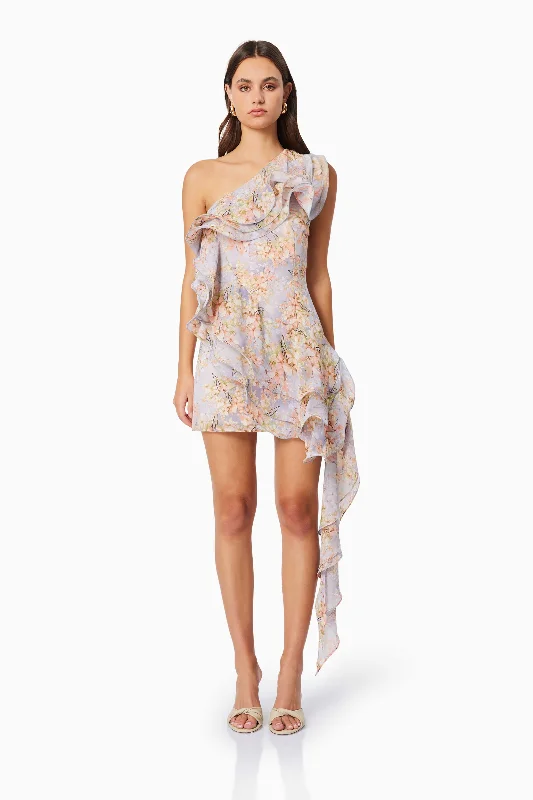 Sahara One Shoulder Floral Mini Dress in Purple Comfortable Casual Mini Dress