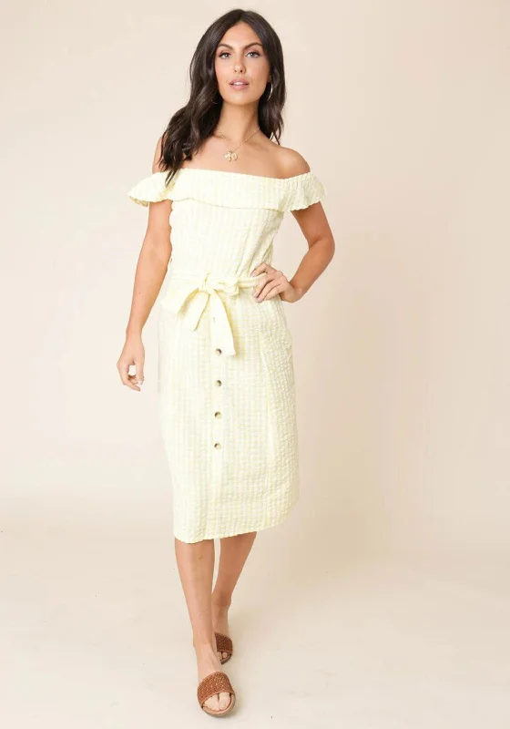 Seventy1 Bardot Gingham Midi Dress, Yellow Comfortable Knitwear Midi Dress