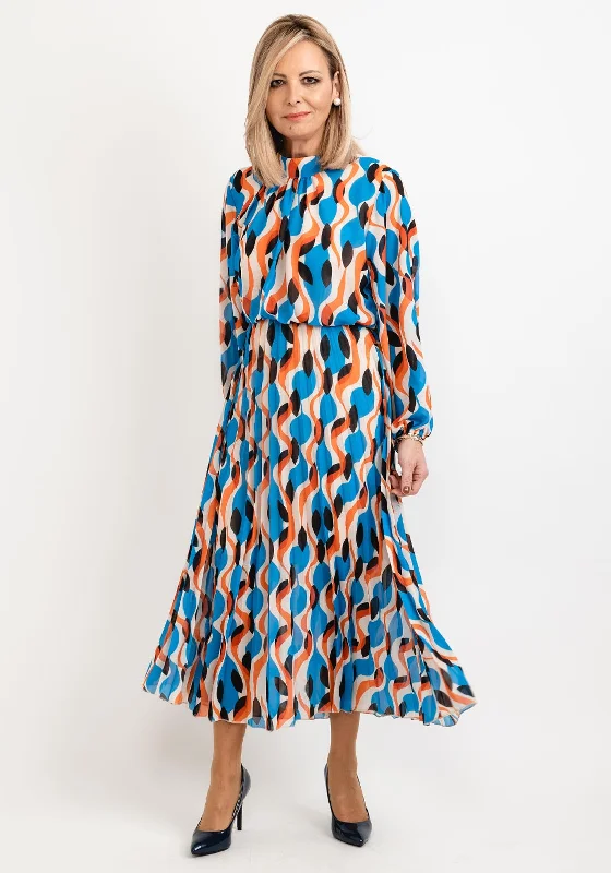Seventy1 One Size Patterned Blouson Waist Midi Dress, Blue Orange Multi Cozy Wide Strap Midi Dress Seventy1 One Size Patterned Blouson Waist Midi Dress, Blue Orange Multi Cozy Wide Strap Midi Dress
