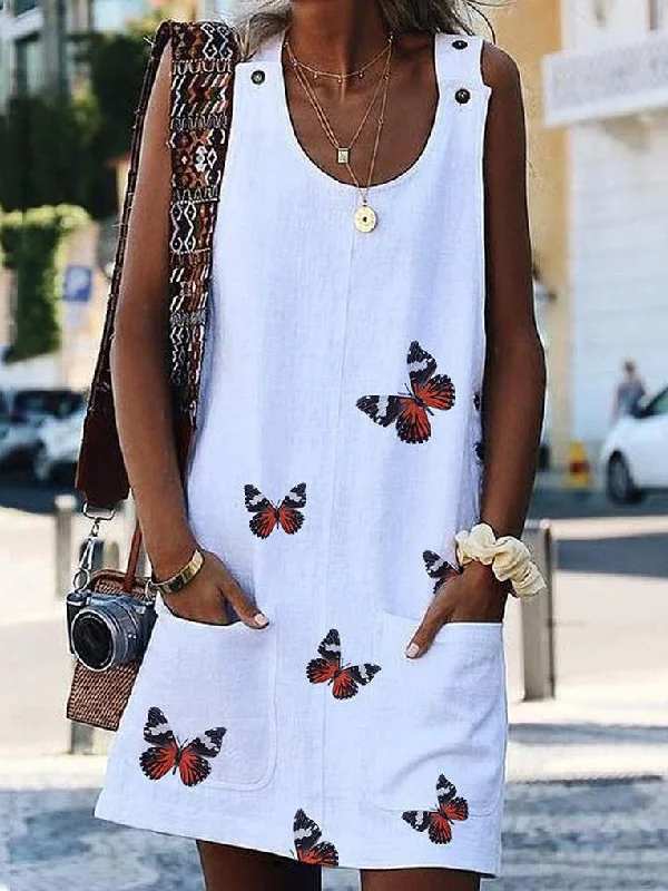 Summer Sleeveless Floral Butterfly Knee Above Casual Loose Mini Dress Casual High-Waist Mini Dress