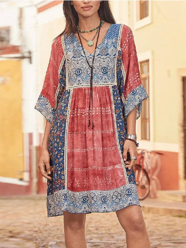 Women Summer Dress Boho Style Floral Print Chiffon Beach Mini Dress Stylish Ribbed Mini Dress
