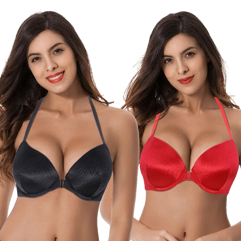 Women's Push Up Add 1 and a half Cup Underwire Halter Front Close Bras Supportive Wireless Bra