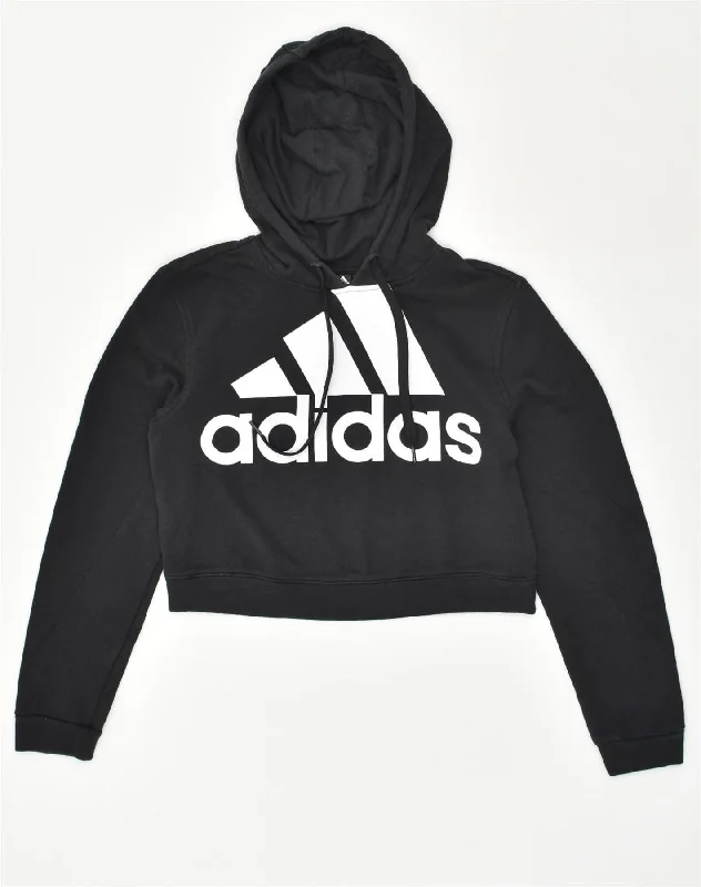 ADIDAS Womens Crop Graphic Hoodie Jumper UK 8-10 Small Black Cotton Hoodie with Slit Hem Functional Movement ADIDAS Womens Crop Graphic Hoodie Jumper UK 8-10 Small Black Cotton Hoodie with Slit Hem Functional Movement