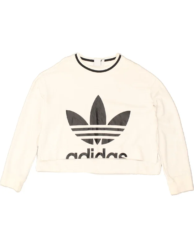 ADIDAS Womens Crop Graphic Sweatshirt Jumper UK 14 Large White Cotton Graphic Hoodie Design Print