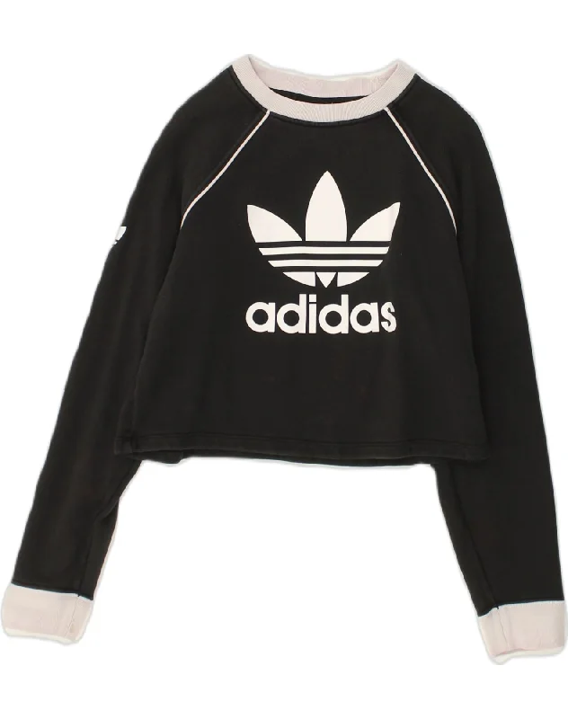 ADIDAS Womens Crop Graphic Sweatshirt Jumper UK 6 XS Black Cotton Hoodie with Color Block Contrast Stylish ADIDAS Womens Crop Graphic Sweatshirt Jumper UK 6 XS Black Cotton Hoodie with Color Block Contrast Stylish
