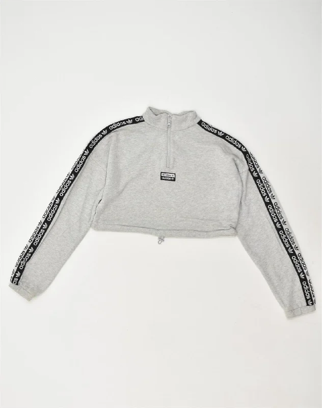 ADIDAS Womens Crop Graphic Sweatshirt Jumper UK 6 XS Grey Cotton Hoodie with Reflective Safety Nightwear ADIDAS Womens Crop Graphic Sweatshirt Jumper UK 6 XS Grey Cotton Hoodie with Reflective Safety Nightwear